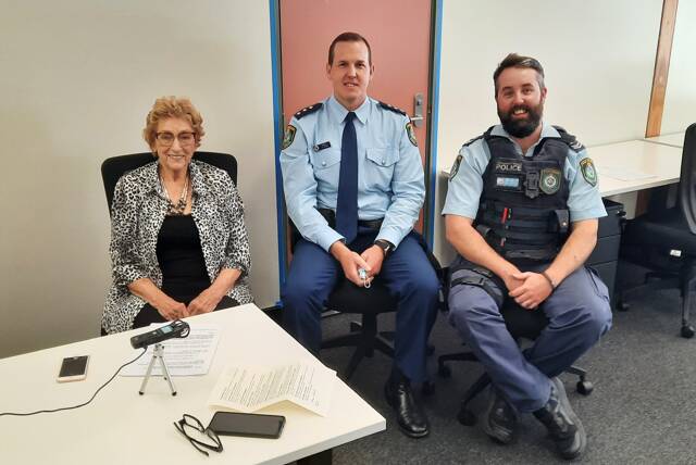 INFORMATIVE: Maree Curtis with acting Inspector Ryan Baird and leading Senior Constable Joshua Marsh, who she has interviewed about road safety for seniors. 