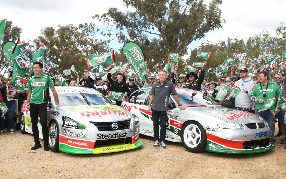 REVEALED: Rick Kelly and Russell Ingall with the #15 Nissan Altima and the original 'Silver Bullet' VT Commodore. Photo: CHRIS SEABROOK 