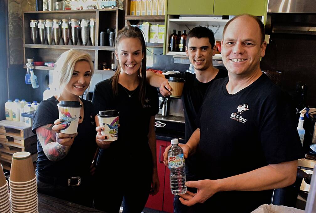 SHOWING THEIR SUPPORT: Hen and Bow Espresso Bar team members Shannen Hobby, Emily Thurlow and Robert Bower with owner Matt Bowyer. Photo: RACHEL CHAMBERLAIN 111319rccoffee