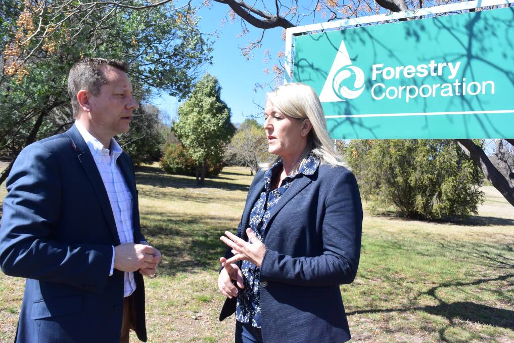 VISIT: Shadow minister for Natural Resources Paul Scully and NSW Labor deputy leader Yasmin Catley outside Bathurst's Forestry Corporation. 