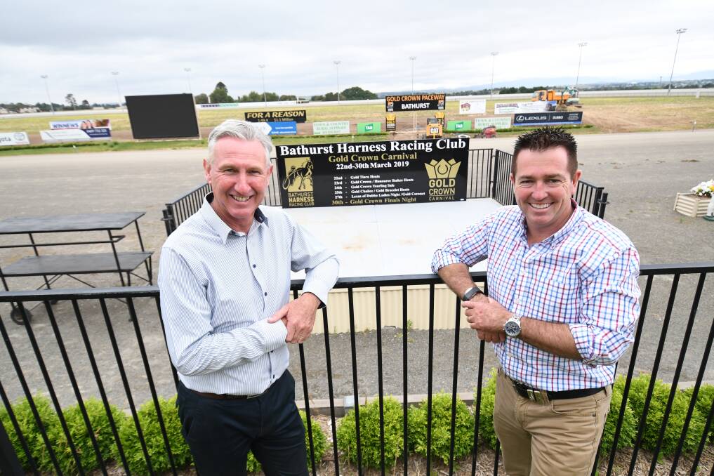 HAPPY: Bathurst Harness Racing Club CEO Danny Dwyer with Minister for Racing Paul Toole on Tuesday morning. Photo: CHRIS SEABROOK 121118cgrant1a