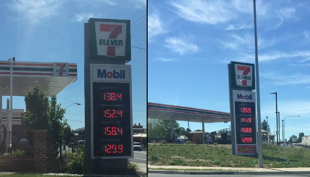 DISCREPANCY: The unleaded prices at the Stewart Street (left) and Kelso (right) 7-Eleven retailers were very different on Tuesday. These photos were taken less than 10 minutes apart. 