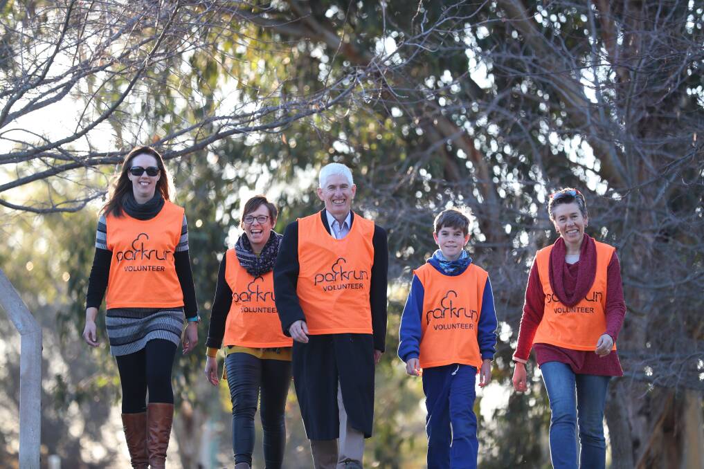 MILESTONE: Jennifer Arnold and Therese Ryan with Stephen, Joshua and Megan Jackson ahead of the 100th parkrun event on Saturday. Photo: PHIL BLATCH 062618pbrun2