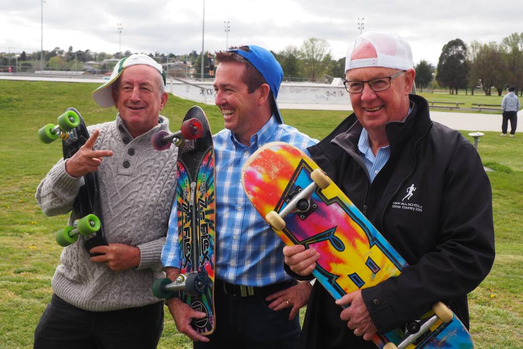 RADICAL: Member for Bathurst Paul Toole (centre) with deputy mayor Bobby Bourke and mayor Graeme Hanger at the Bathurst Skate Park, which has already received funding under the Stronger Country Communities Fund. Photo: SUPPLIED