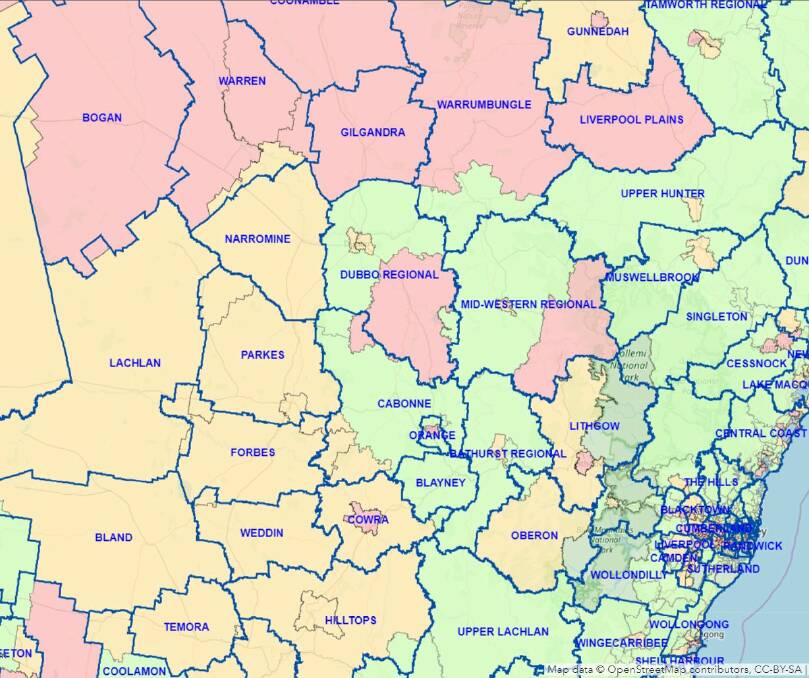 A map shows high-risk areas for problem gambling and social disadvantage (shaded red) where poker machine licences will be frozen. Orange represents medium risk and green a low risk community. Photo: NSW Department of Industry