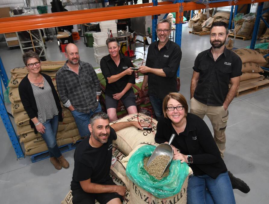 The Fish River Roasters: Rear, Sonia Harrison, Gavin Paine, Jo Christie, Peter Harrison and Clinton Webb. Front, Todd Nixon and Gina Jessett. Photo: Chris Seabrook.