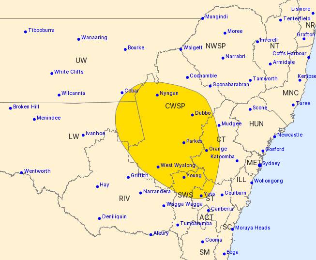 ON THE WAY: The Bureau of Meteorology has issued a storm warning for Central and Western NSW. Image: BOM.