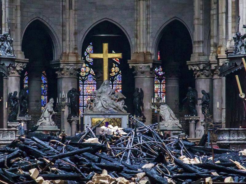 The walls are still standing but much of the interior of Notre-Dame Cathedral has been destroyed.