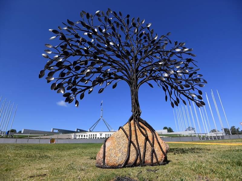 A memorial tree sculpture commemorates the suffering of child abuse victims and survivors.