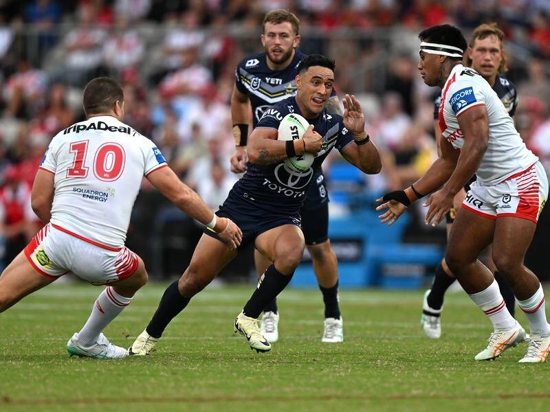 The Cowboys' Valentine Holmes steams upfield during his side's win over the Dragons. (HANDOUT/NRL PHOTOS)