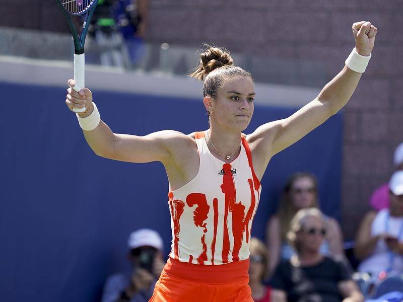 Greece's Maria Sakkari celebrates after defeating Tatjana Maria in the first round of the US Open. (AP PHOTO)