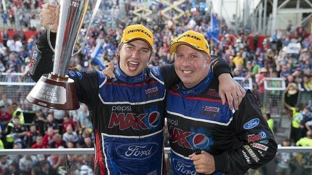 WINNERS: Chaz Mostert and Paul Morris of Ford Performance Racing celebrate winning the Bathurst 1000. Photo: SUPPLIED