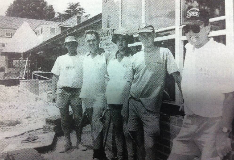 From the Western Advocate, December 1995. Local bricklayers at work on the Cancer Care Cottage Jeff Clark, Bill Abbot, Chris Abbot, Michael Tyrell and Peter Murphy.