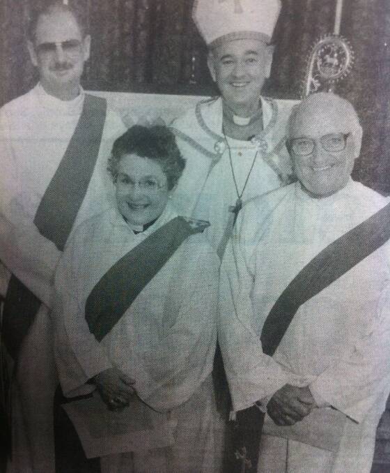 From the Western Advocate, December 1995. Bishop Wilson presents the Anglican Church's newest priests Rev Noel Staniforth, Rev Carla Archer and Rev Fred Sugden.