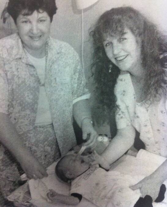 From the Western Advocate, December 1995. Deb Parsons with 19-day-old Bryn and mother Amanda Vanderwal 