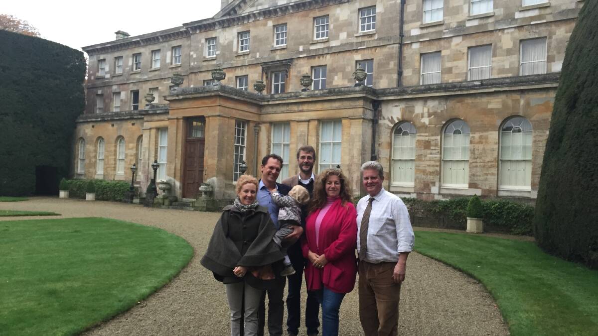 BUILDING RELATIONSHIPS: Councillor Jess Jennings from Bathurst Regional Council holding his daughter Lola, second left, his partner Kate Smith, Mayor of Cirencester Mark Harris and Lord and Lady Bathurst in front of their residence at Cirencester Park. 	110515earl1