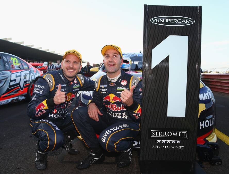 ANOTHER PODIUM: Paul Dumbrell (left) and Jamie Whincup won last month’s Sandown 500 and are leading contenders for this Sunday’s Bathurst 1000. Photo: GETTY IMAGES 	100514redbull