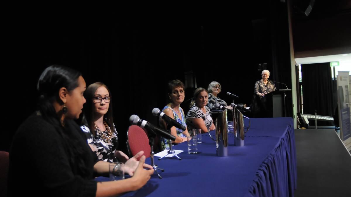 WOMEN’S BUSINESS: Panellists Shona Kennedy, Laura Cole, Gerarda Mader, Sue Rose and Irene Hancock in a discussion led by Councillor Monica Morse at the International Women’s Day event held at Bathurst Memorial Entertainment Centre. Photo: CHRIS SEABROOK 	030816cforum1d