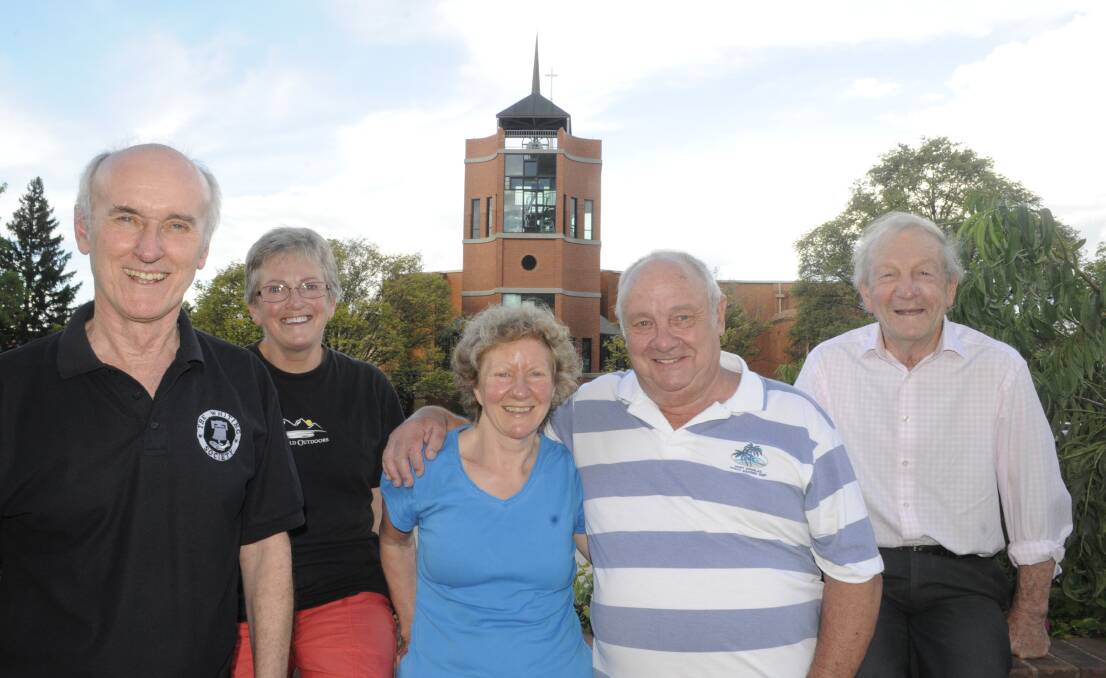 SOUND OF BELLS: The Australia New Zealand Association of Bellringers (ANZAB) annual general meeting has brought to Bathurst bellringers from all over, including Bill Evans from the UK, Norma Cother from Orange, Clare Bellis from the UK, Francis Thomas and Chris Bacon, both from Bathurst. Photo: CHRIS SEABROOK 	030916cbells