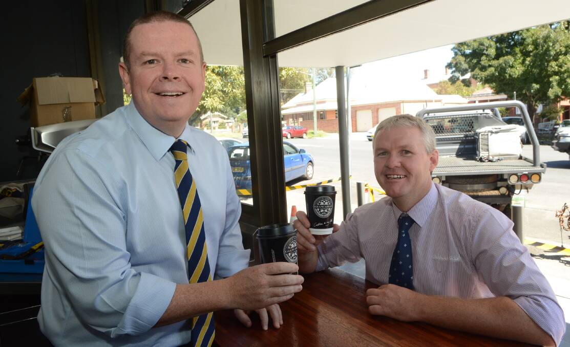 THE GRIND: Bathurst RSL general manager Peter Sargent and operations manager Mark Burns at the club’s new hole-in-the-wall coffee shop.	021716prsl
