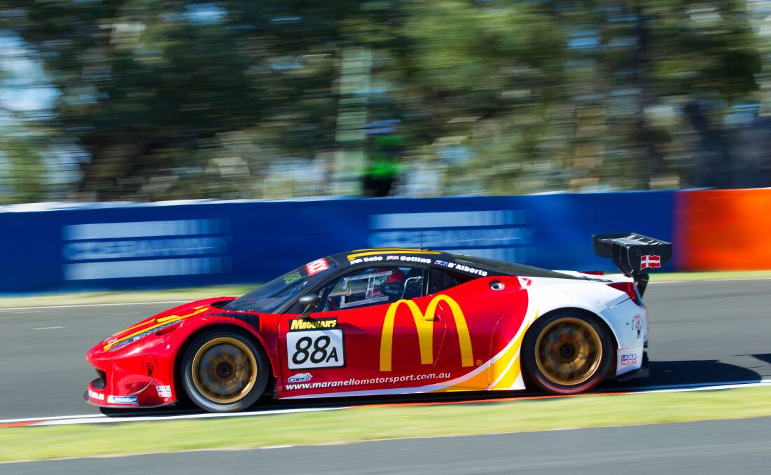 LIMITED DRIVE: Perthville’s Grant Denyer got behind the wheel of the Maranello Motorsport Ferrari in Sunday’s Bathurst 12 Hour for a brief time before the car was withdrawn due to suspension damage. 	010816maranello