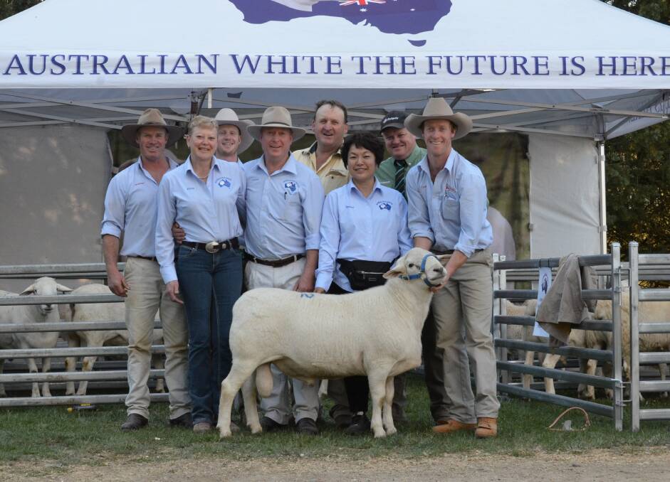 IN THE FAMILY: Martin, Kirsty, Ross and Graham Gilmore with Craig Pellow (of Ray White), Chinese buyer Sheena Chen, Landmark’s John Settree and James Gilmore, who is holding a new breed of wool-less sheep developed at the Gilmores’ Tattykeel Stud near Oberon. The ram sold for $14,000 to Ms Chen. Photo: SUPPLIED 	053116sheep