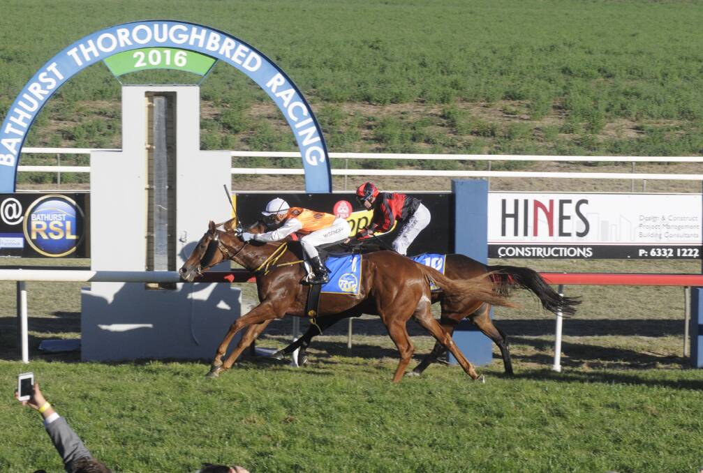 PUTTING ON A SHOW: Showmaster pips City Boots to the line in yesterday’s Bathurst RSL Club Soldier’s Saddle (1,400 metres). Photo: CHRIS SEABROOK 	 042516cssadle