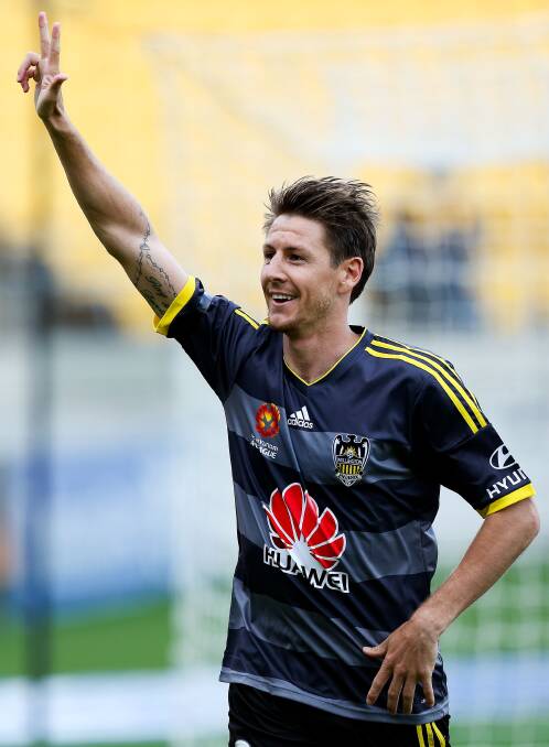 YOU BEAUTY: Former Bathurst ’75-Western player and now Wellington Phoenix striker Nathan Burns scored a hat-trick for the A-League club on Sunday. Photo: GETTY IMAGES 	120114burns