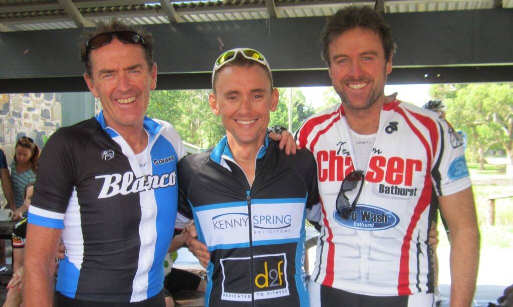THE TOP THREE: Riding their way to a podium finish in the Bathurst Cycling Club’s annual Blayney to Bathurst lead-up were Mark Windsor, Jarrod Bell and Steve Bennett. zroackleyloopp2