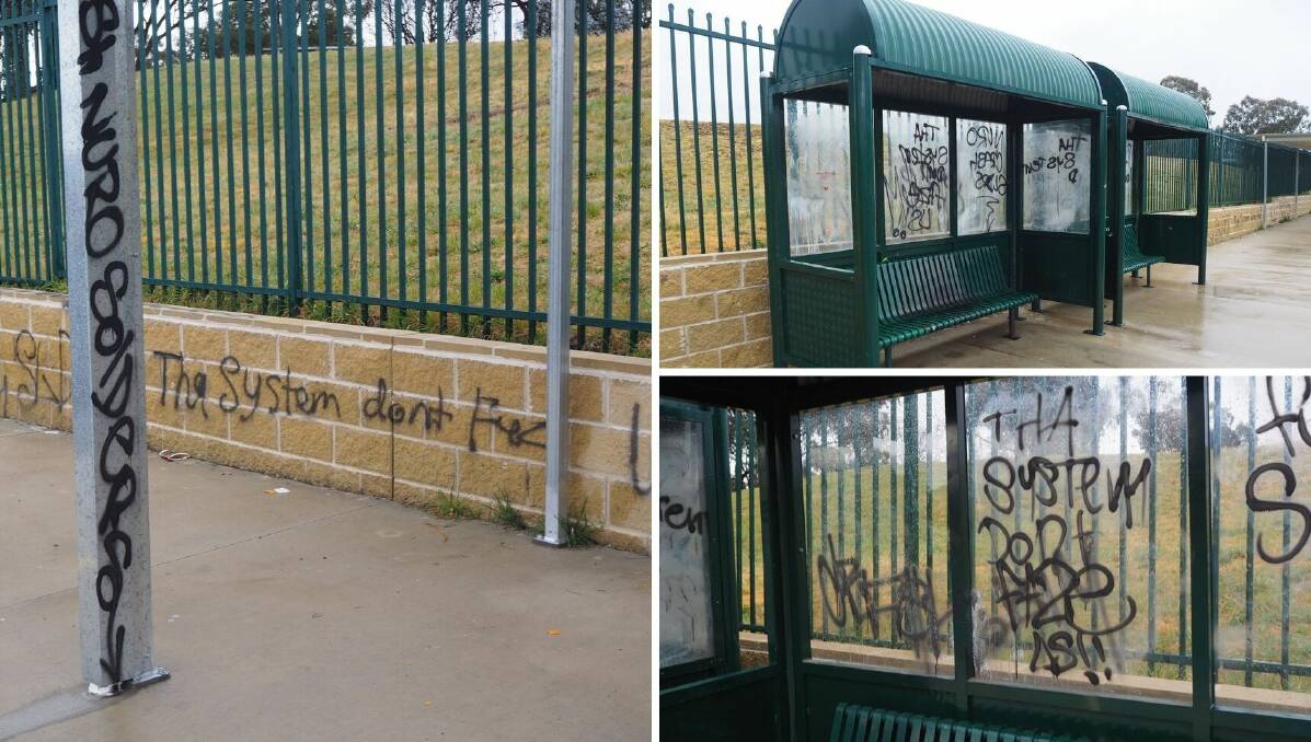 AN UNSAVOURY SIGHT: Vandals have targeted the Kelso High Campus bus interchange in the region's latest graffiti attack. Photos: SAM BOLT