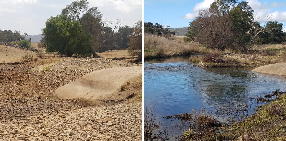 18 MONTHS APART: The same stretch of the Winburndale Rivulet pictured in January 2020 [left] and June 2021 [right]. Photos: SUPPLIED
