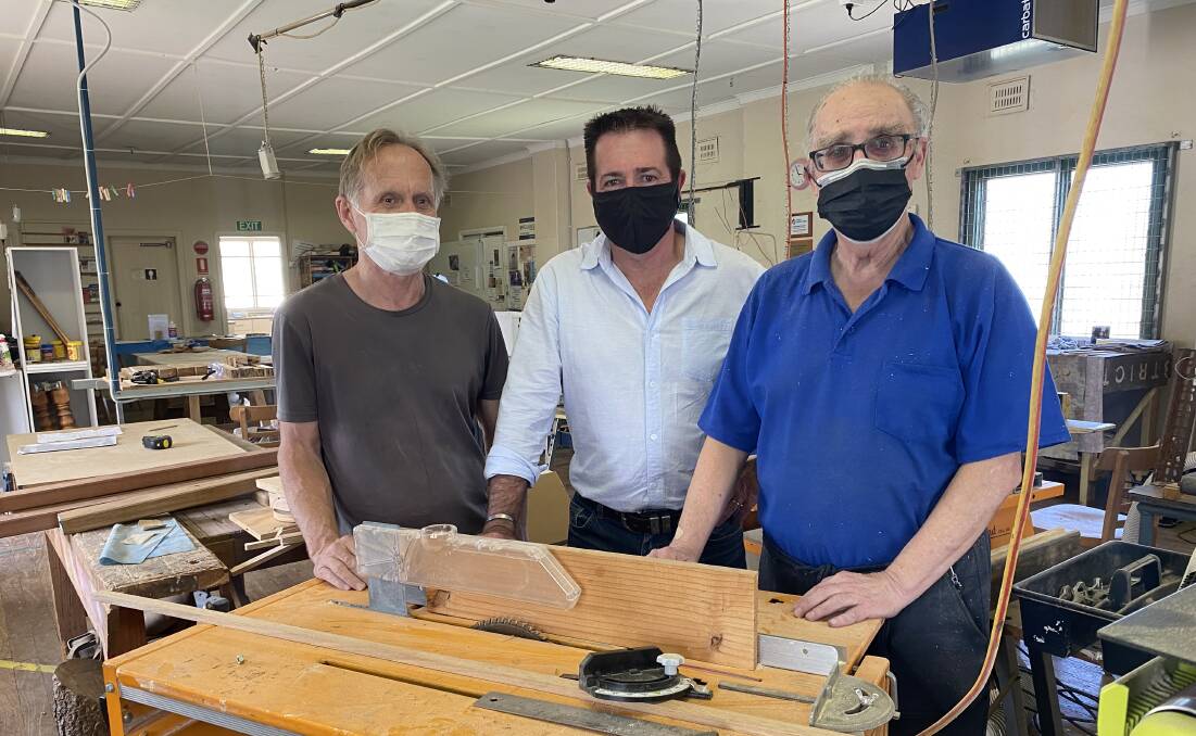 WELCOME SUPPORT FOR PROJECTS: Bathurst MP Paul Toole [centre] at the Bathurst Men's Shed with Ken Webster [left] and Barry Hancock.