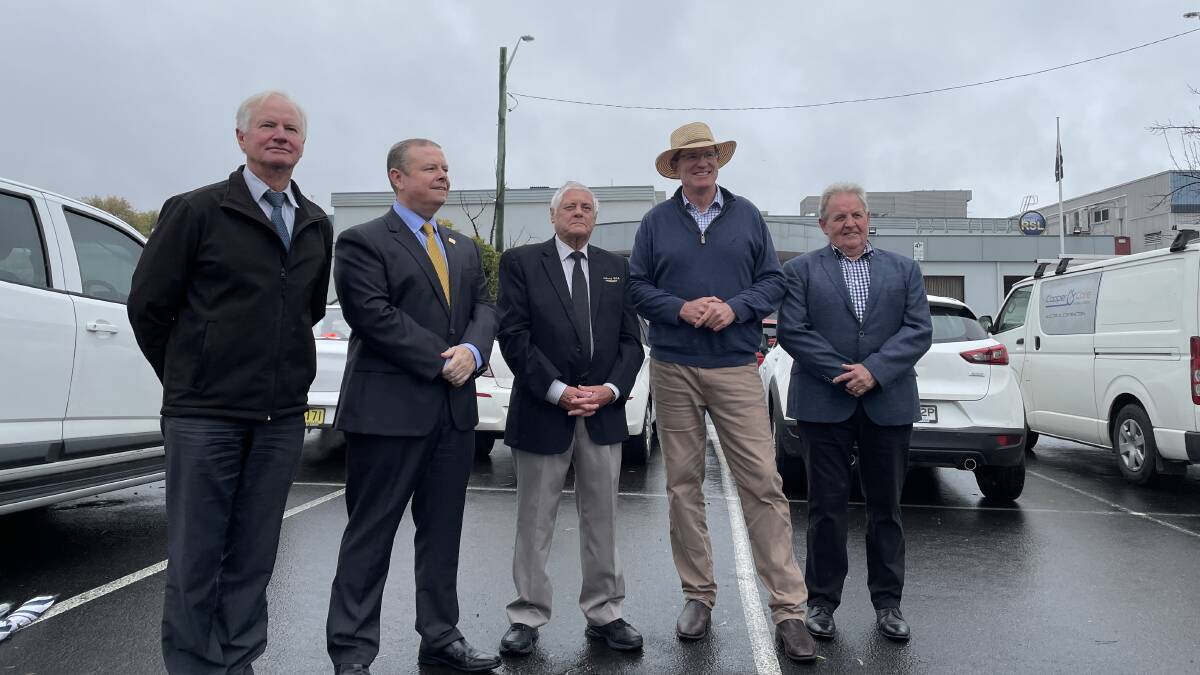 UNCERTAIN: Bathurst Regional Council's environmental, planning and building services director Neil Southorn, Bathurst RSL Club CEO Peter Sargent, president Ian Miller, Calare MP Andrew Gee and mayor Robert Taylor.
