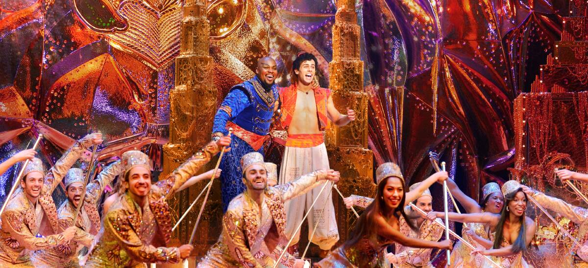 FROM BATHURST TO BROADWAY: Ainsley Melham as Aladdin [right] with co-star Michael James Scott as Genie during an Australian performance of Aladdin. Photo: DEEN VAN MEER