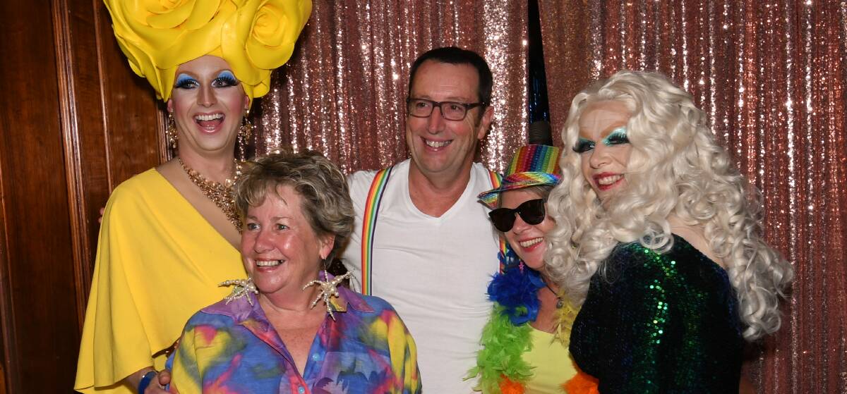 GLAMOUR: [from left] Betty Confetti, Anne Llewellyn, Peter and Mel Hosking with Khora Clinic, attending the first ever Bathurst Mardi Gras at Keystone 1889 on Saturday evening. Photo: CHRIS SEABROOK 022920cmardi 