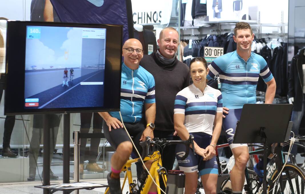 FUNDRAISER: Stars of Bathurst participants Greg Cross and Nathan Pearce with guest cyclists Kirsten Howard and Mark Renshaw. Photo: PHIL BLATCH