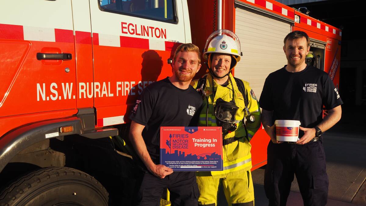 CLIMBING FOR CHARITY: Eglinton Rural Fire Service [RFS] members Cameron Evans, Dwayne Esparon and Matt Nelson. Photo: SAM BOLT