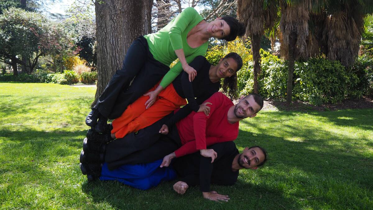 FITTING IN: 'Tetris' performers Paulien Truijen, Zahira Suliman, Ivan Ugrin and Lorenzo Capodieu in Machattie Park. Photo: SAM BOLT