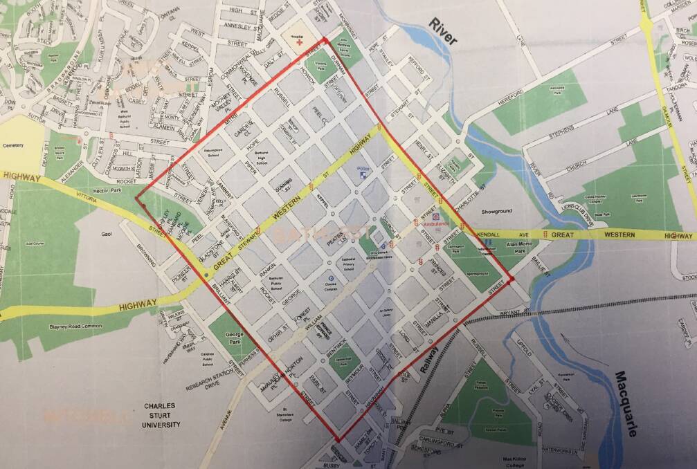SCALE: A map of Bathurst marking out 630 acres of land [each Bathurst town block is 10 acres], a touch over half of the proposed area set aside for the solar farm development plan. 
