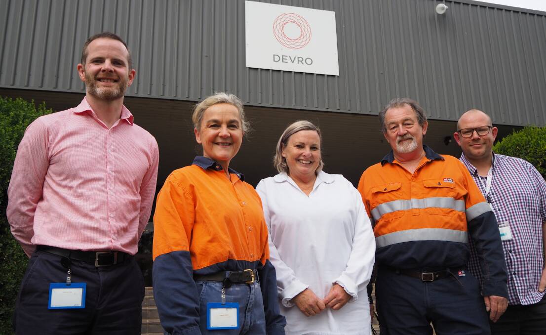 FOUR DECADES: Devro operations director Dean Patton, research chemist Simone Proust, finishing room staff member Narelle Wotton, electrician Grant Lawes and customer service supervisor Graham McNab. Photo: SAM BOLT