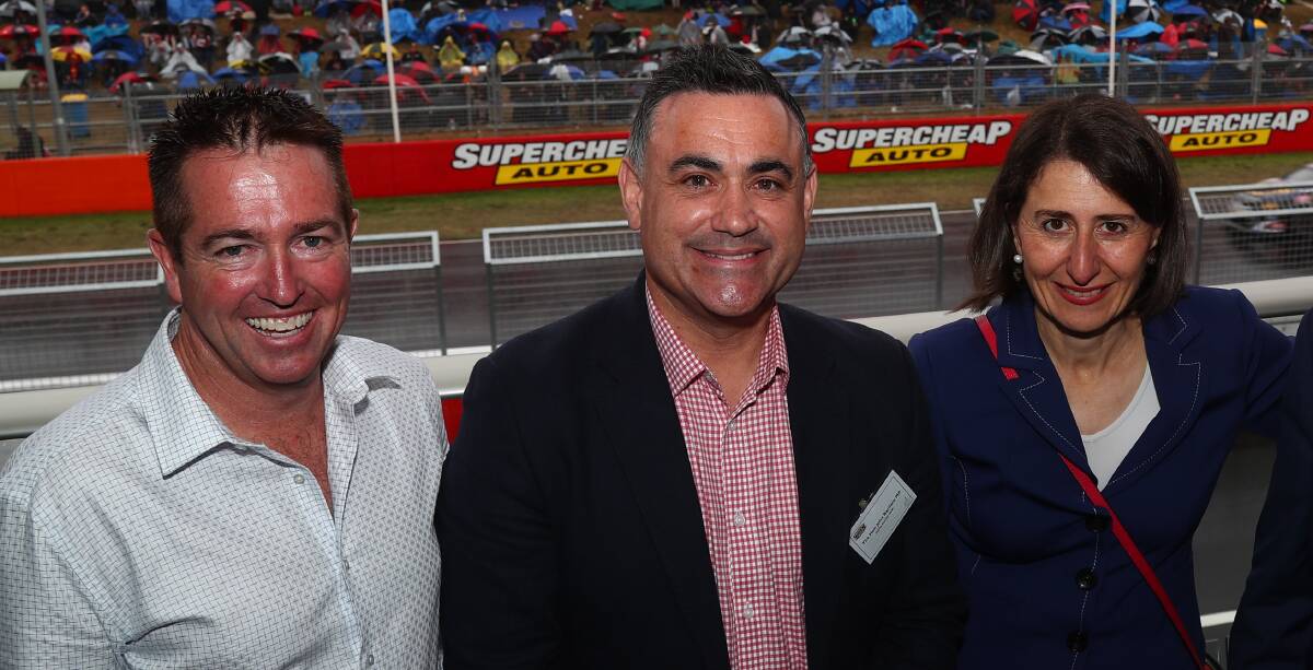 LAST ONE STANDING: Bathurst MP Paul Toole with outgoing deputy premier John Barilaro and former premier Gladys Berejiklian at the Bathurst 1000 in 2017.