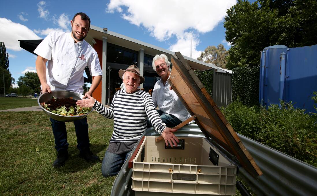 HERE TO THERE: Harvest Cafe co-owner Chris Ringrose, Sydney sustainability coach Michael Mobbs and councillor John Fry. Photo: PHIL BLATCH