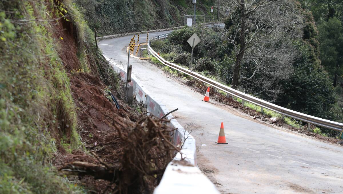 The Two Mile section of Jenolan Caves Road [pictured during roadworks last year] has once again been cut off by a landslip. Picture: Transport For NSW