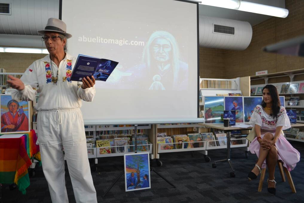 EXPLORING THE COSMOVISION: Author Eduardo Paez discusses 'Abuelito' at Bathurst Library while daughter/publisher Julia Garfoot watches on. Photo: SUPPLIED