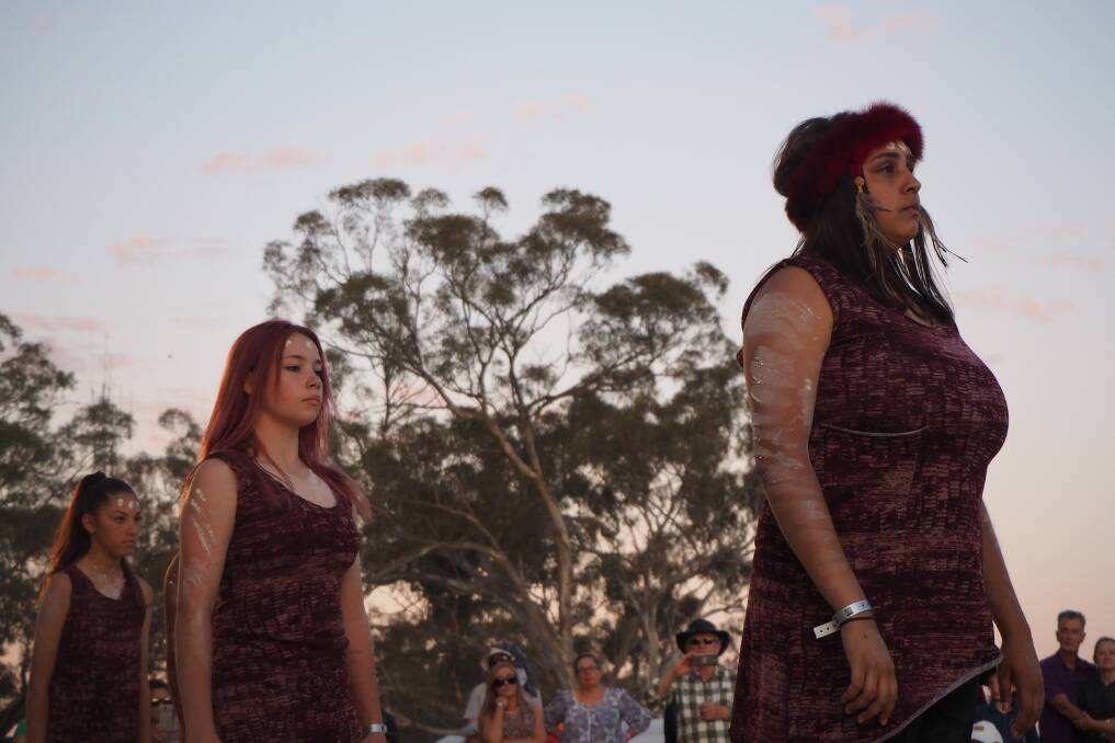 BECAUSE OF HER, WE CAN: Coleen Jerrard [right] leads a dance performance of the 'Dyagula' story at Inland Sea of Sound. Photo: SAM BOLT