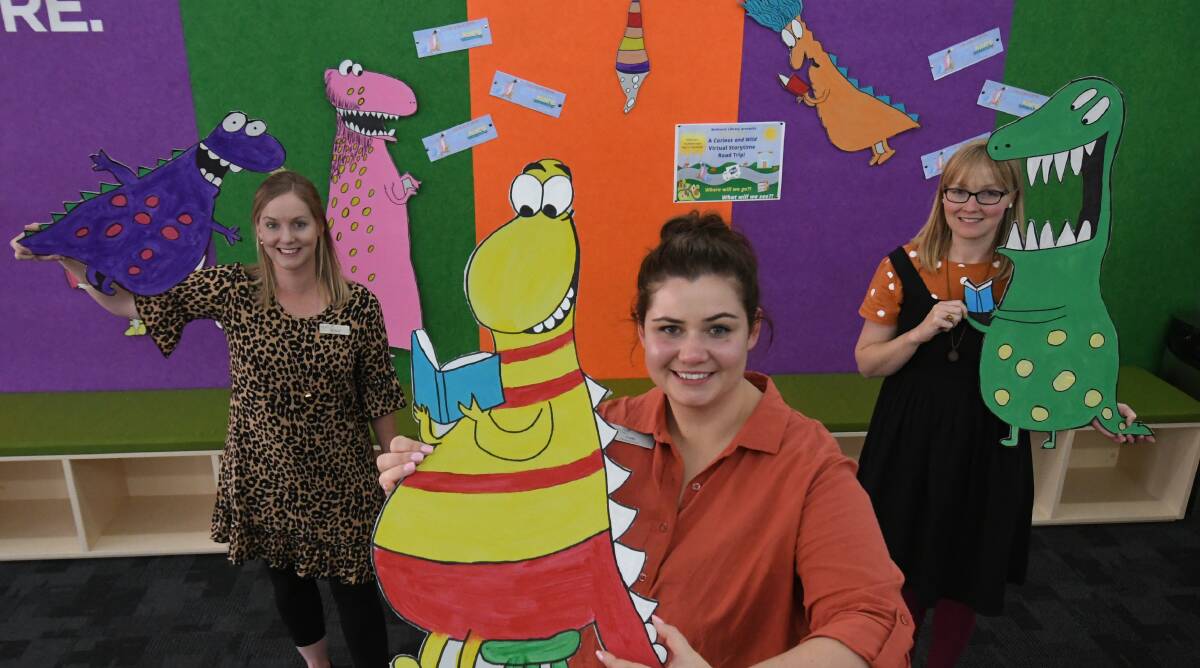 CHARACTERS: Bathurst Library staff Natalie Conn, Tori Murray and Sarah Fleming are hosting a virtual event this year for Book Week. Photo: CHRIS SEABROOK 101920cbookwk