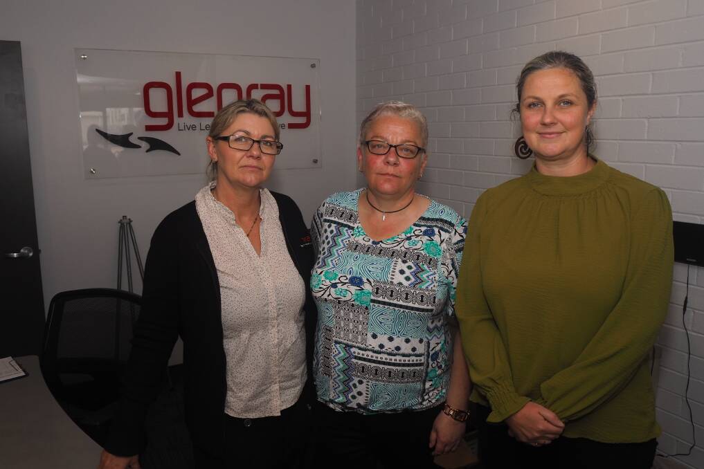DROP-OFF POINT: Glenray staff members Nikki Kildea, Lisa Wood and Elisa Miller. The organisation's Howick Street office has been set up as a donation point to assist the Barnes family. Photo: SAM BOLT