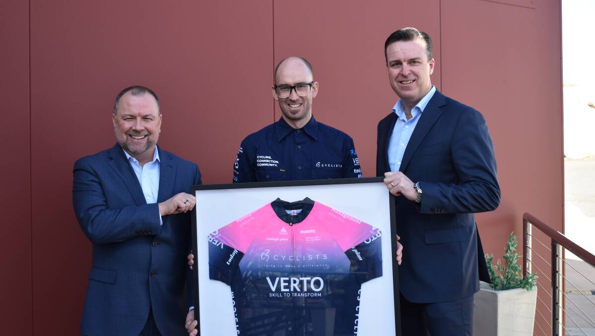 C3 Cyclists president Steve Dunstall [centre] with VERTO CEO Ron Maxwell and chairman Andrew Abel. Photo: SUPPLIED