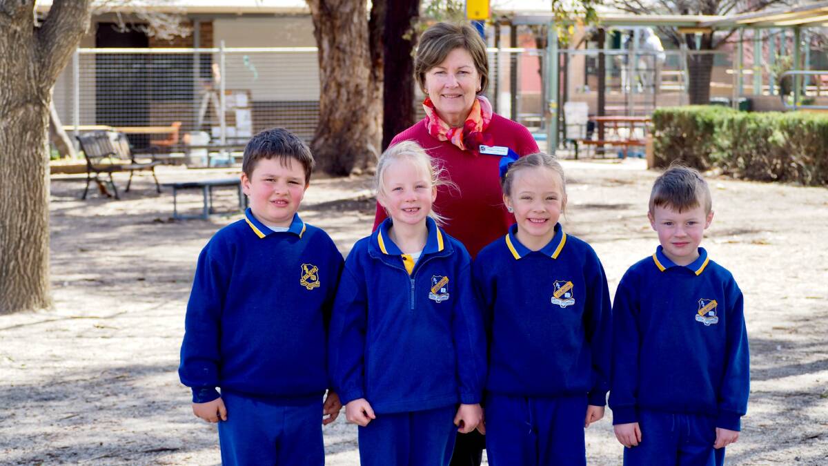 GRANTED: Eglinton Public principal Vicki O'Rourke with kindergarten students Archie Gale, Amelia Burden, Isabella Taylor and Harley Muscat.