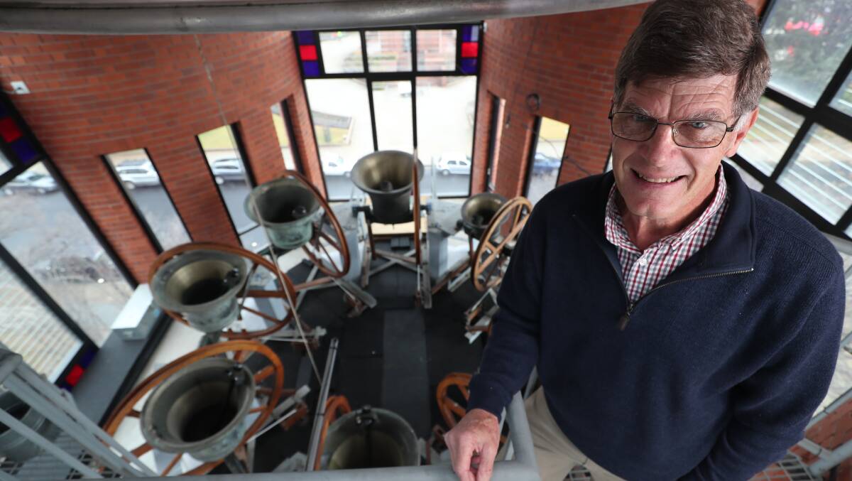 CHAMBER OF SOUND: All Saints Cathedral bell ringer Simon Coomans with the eight bells situated on the fourth level of the venue's tower. Photo: PHIL BLATCH